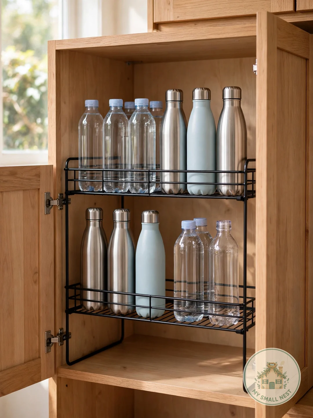 Double Space With a Shelf Riser - organize water bottles