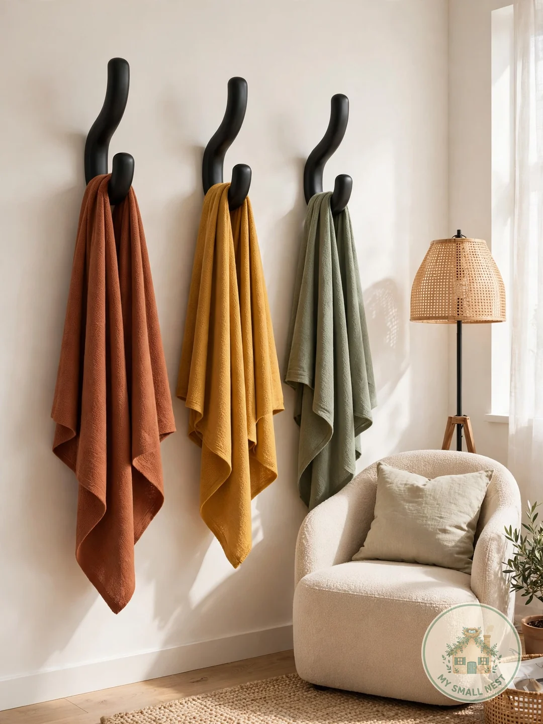 Hang Throws on Oversized Wall Hooks - blanket storage ideas