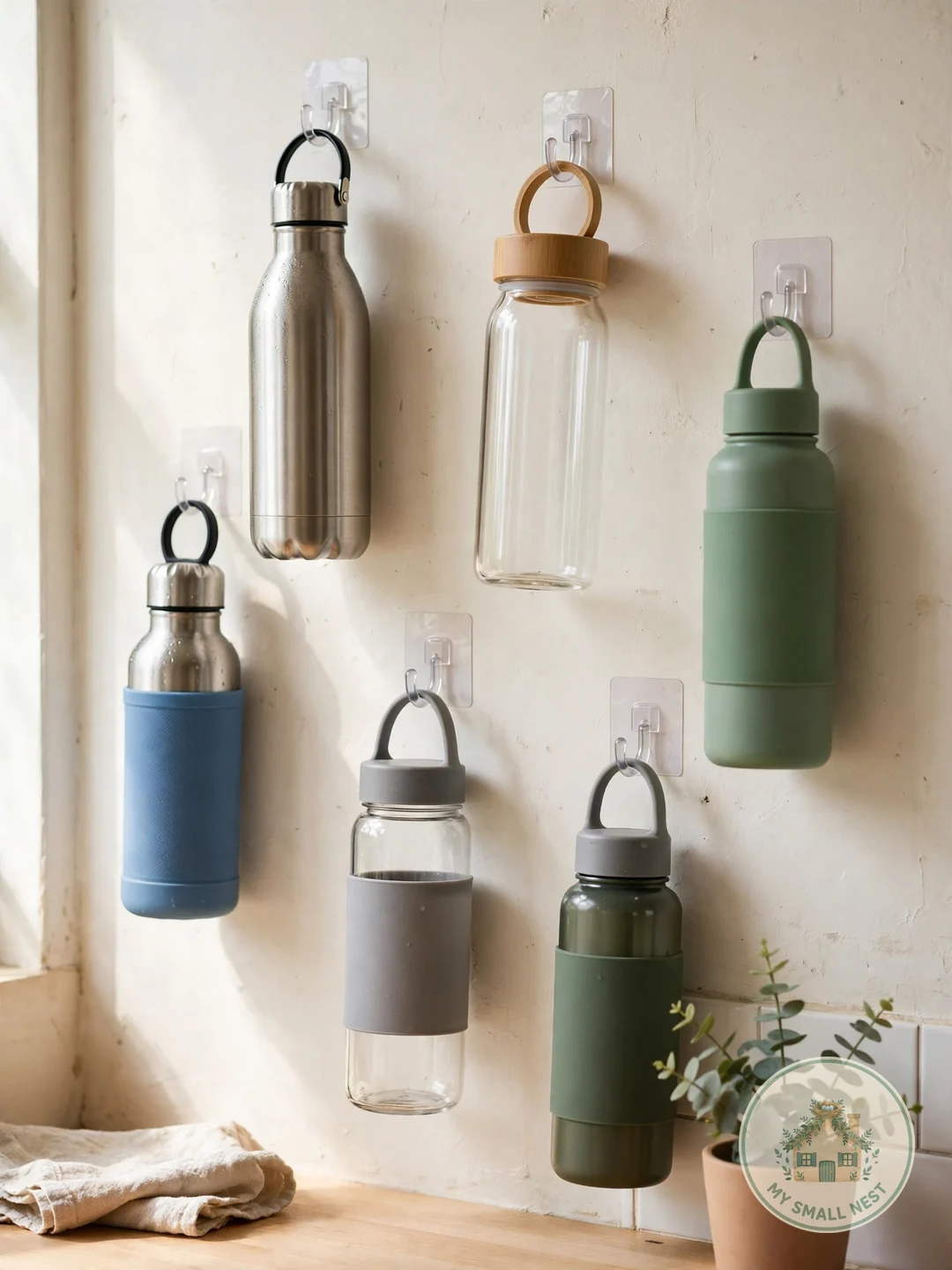 Hang Daily Bottles on Wall Hooks - organize water bottles