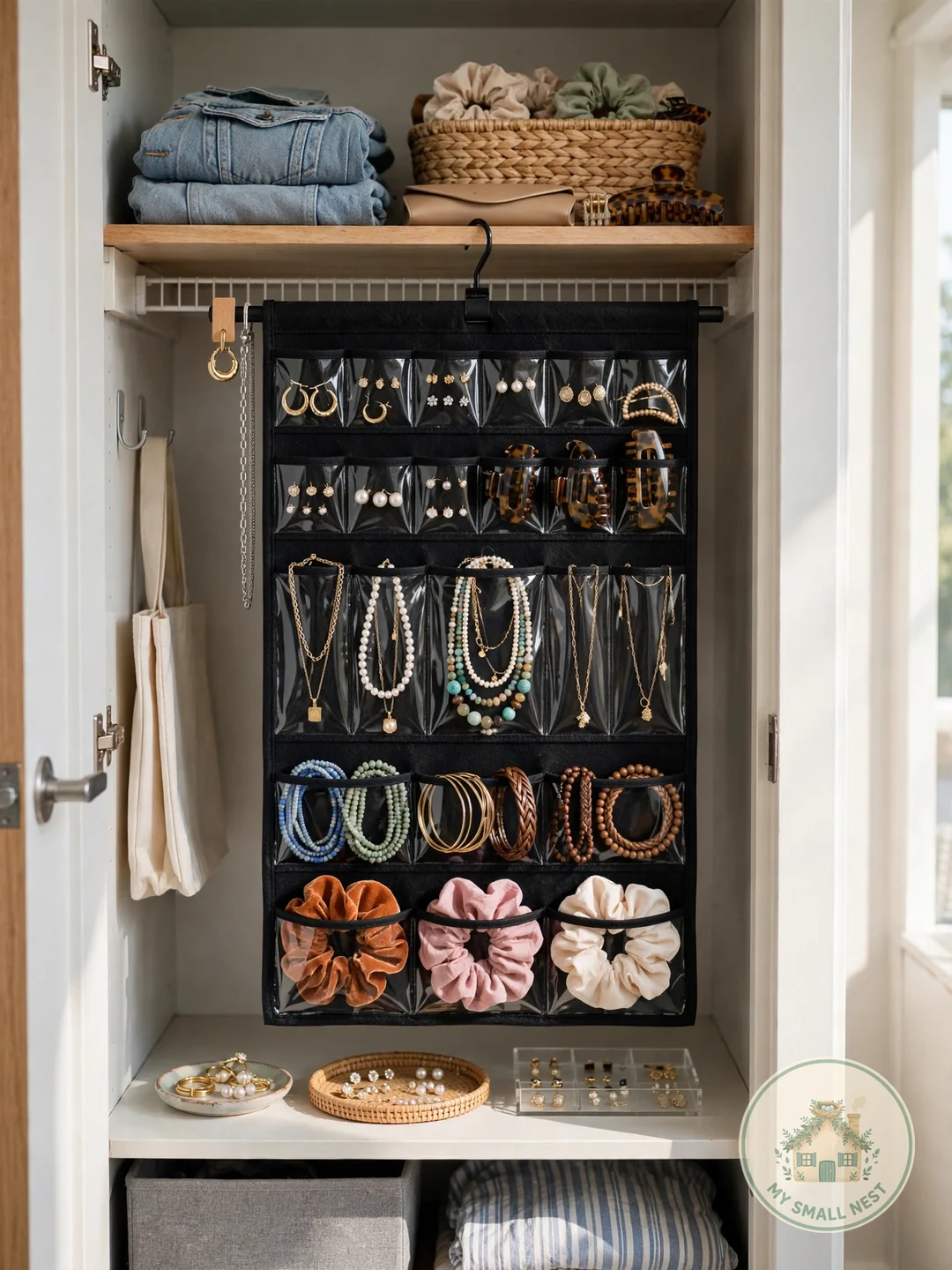 Corral Accessories in One Spot - dorm closet organization