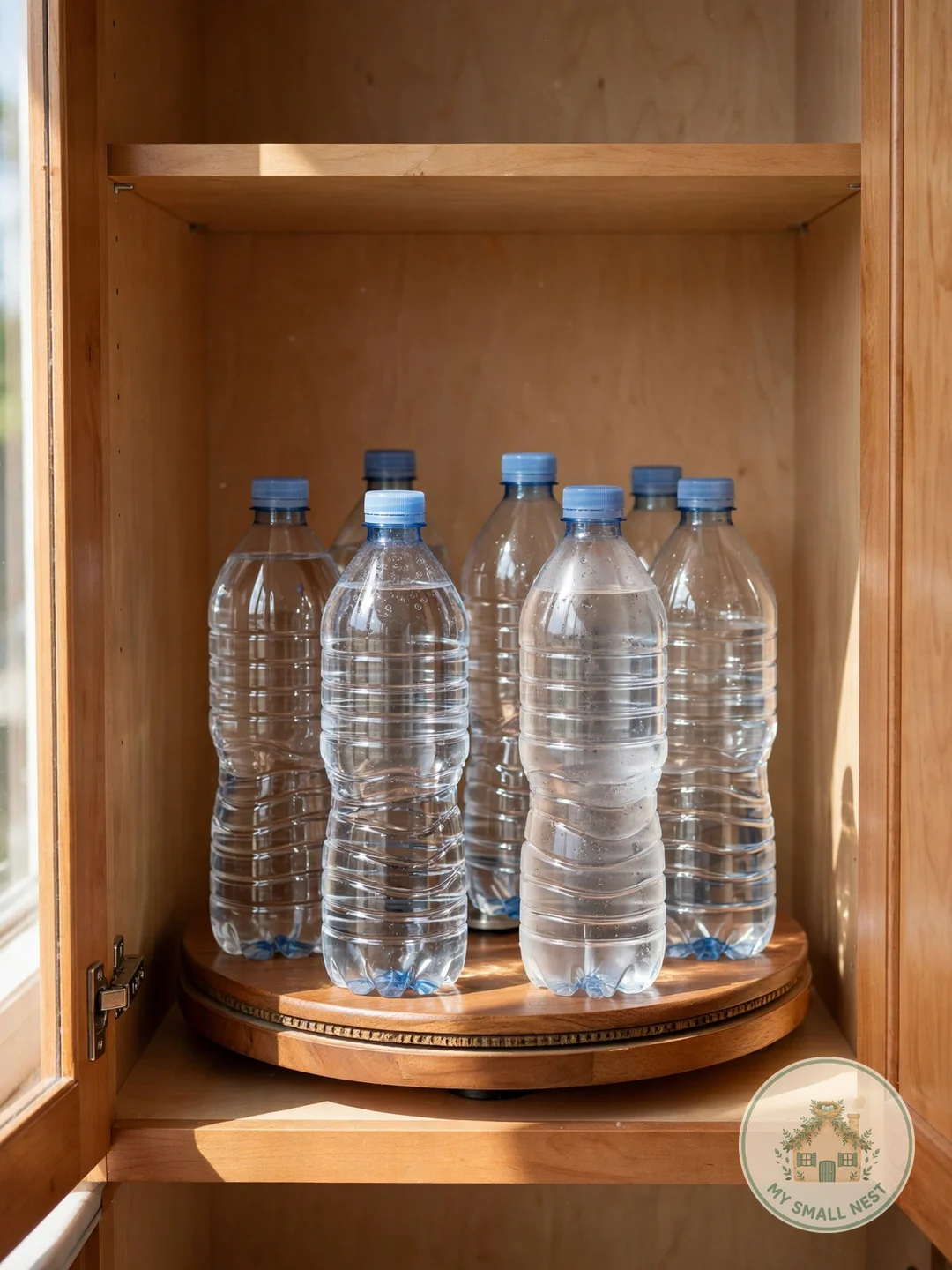 Spin Bottles on a Lazy Susan - organize water bottles