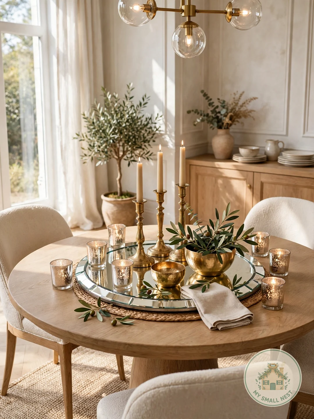 Mirrored Base with Mixed Metallics - round table centerpiece ideas