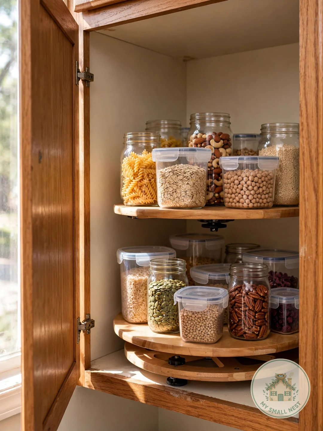 Add a Lazy Susan to Corner Cabinets - organize tupperware