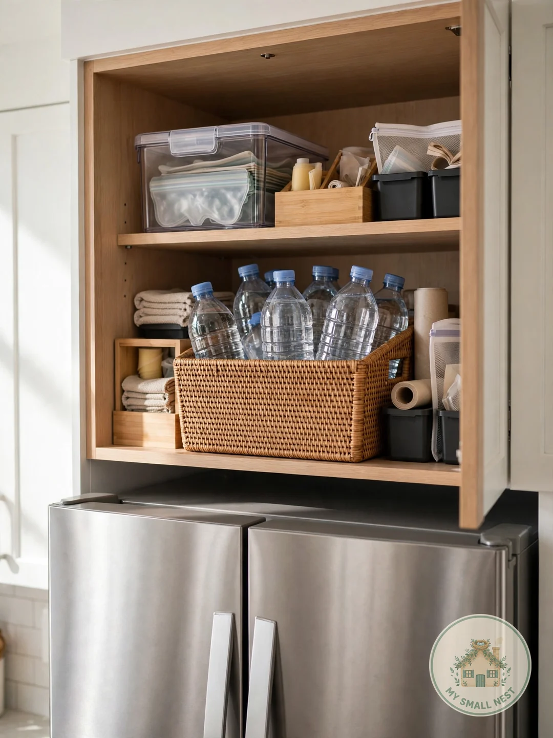 Use the Above-Fridge Cabinet for Overflow - organize water bottles