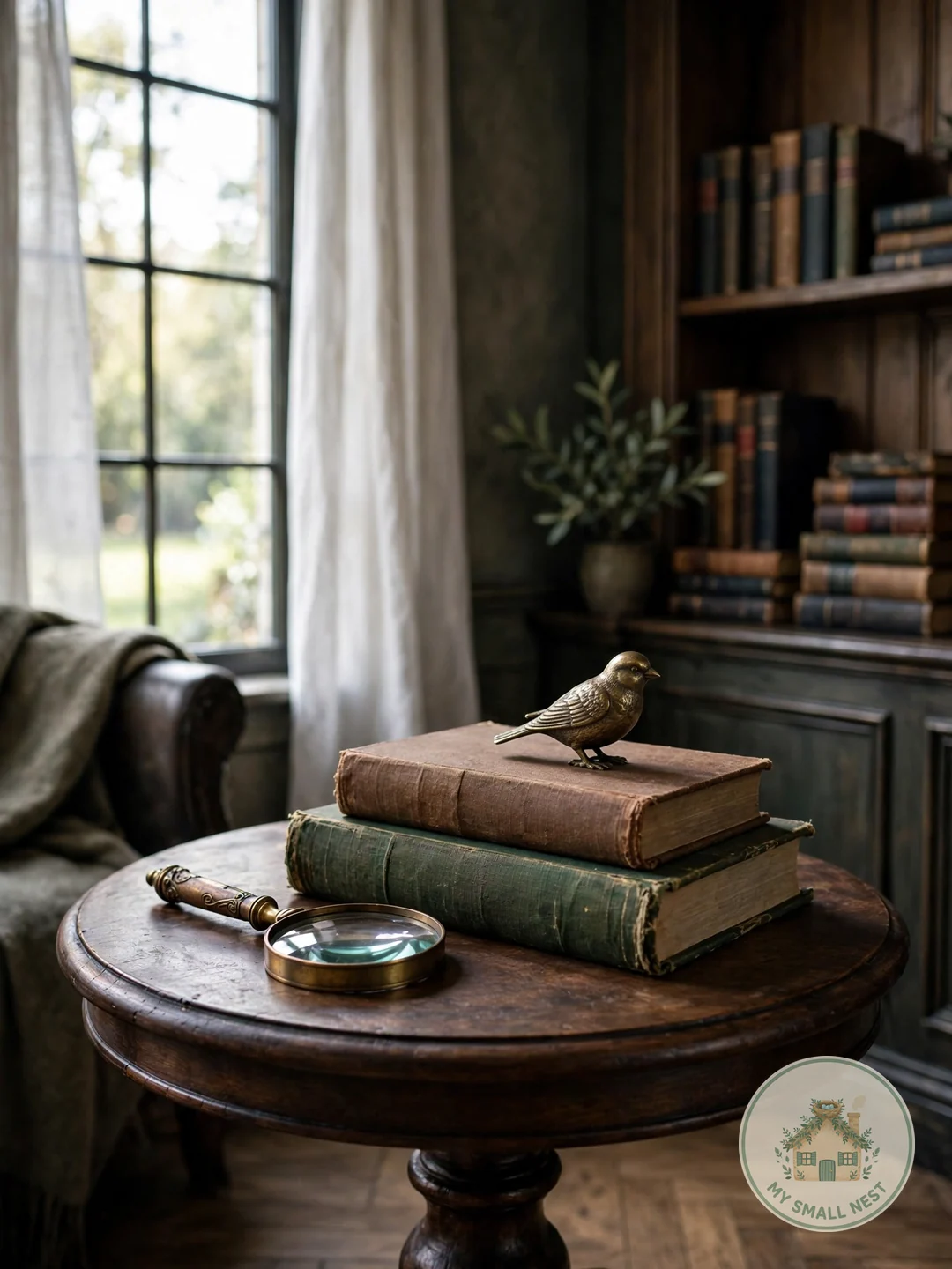 Vintage Books and Brass Accents - round table centerpiece ideas