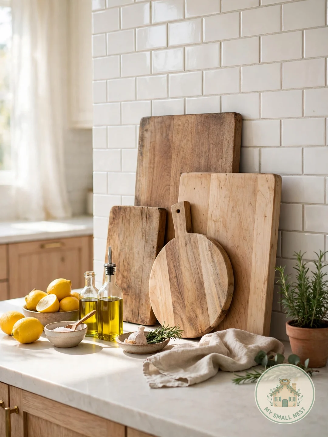 Lean a Collection of Wooden Cutting Boards - kitchen countertop decor