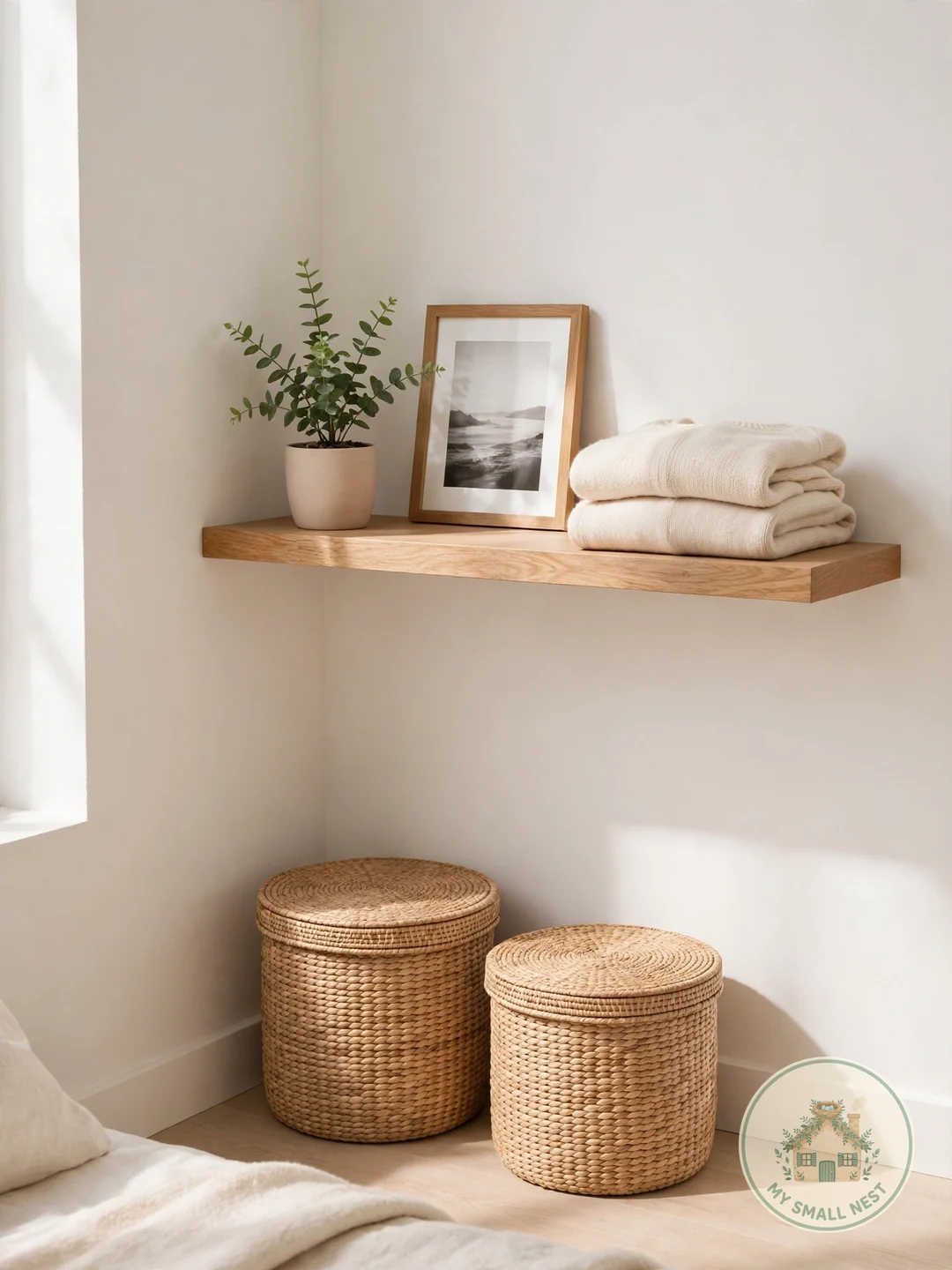 Concealed Closet, Curated Open Shelf - minimalist bedroom ideas