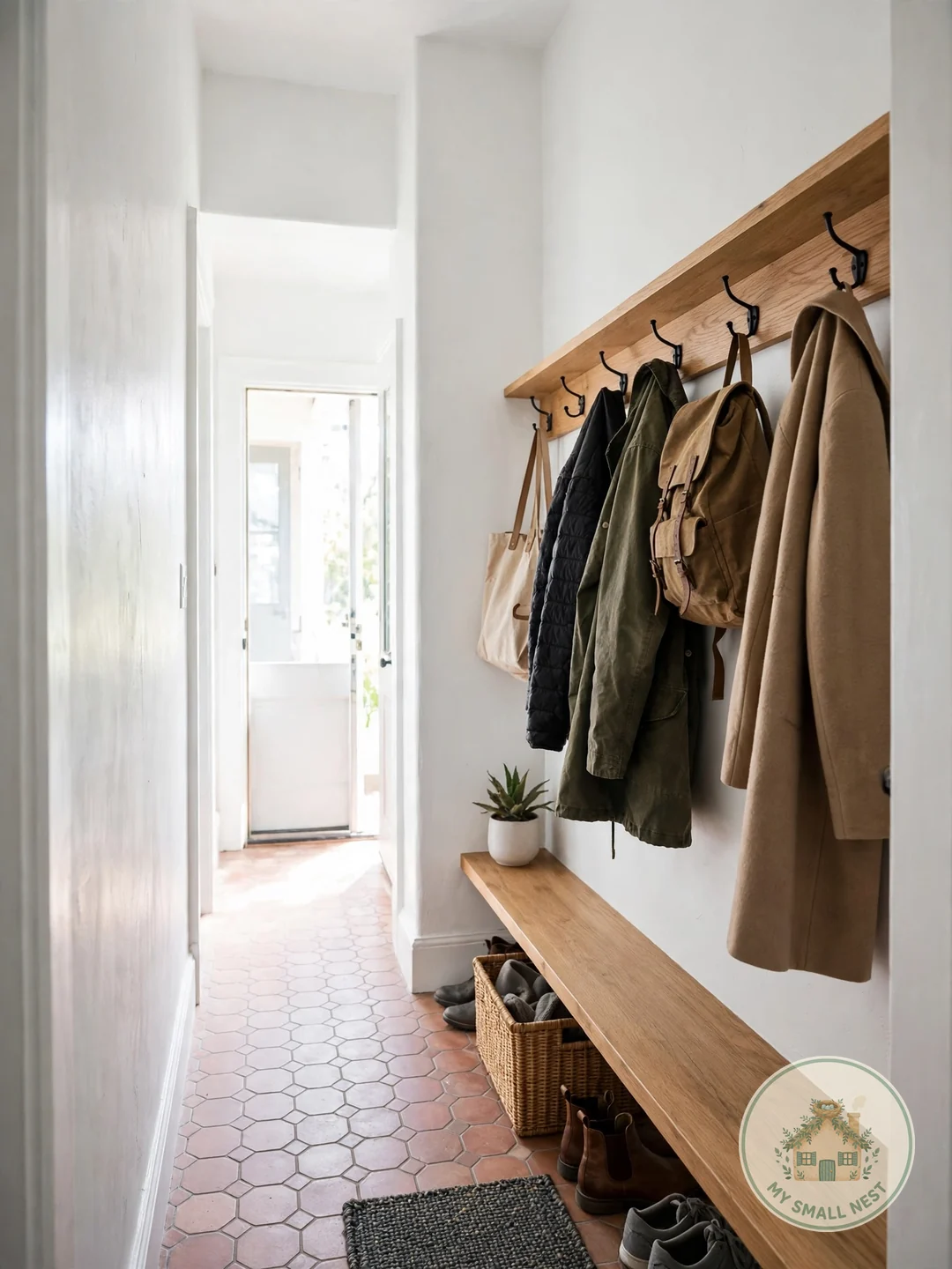 Mount a Slim Rail of Wall Hooks - narrow mudroom ideas