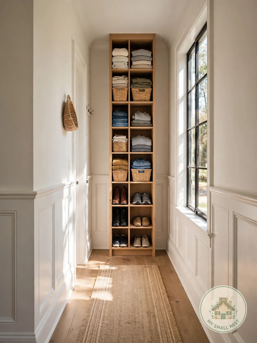 Go Vertical with a Slim Cubby Tower - narrow mudroom ideas