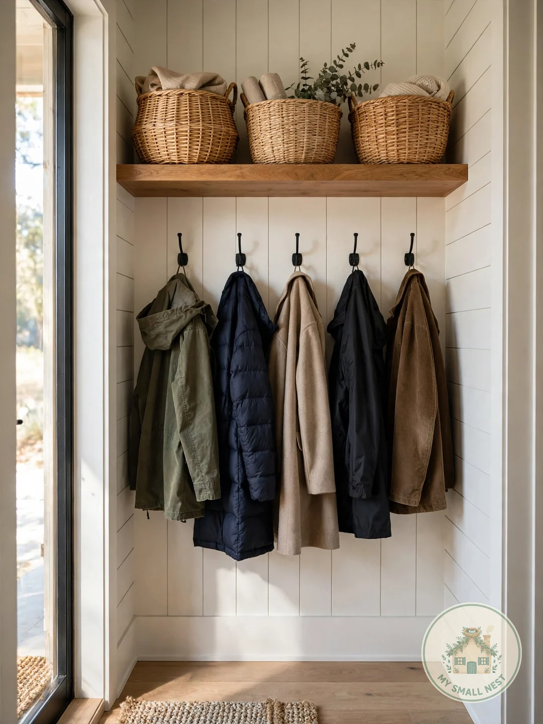 Pair a Floating Shelf with Hooks Below - narrow mudroom ideas