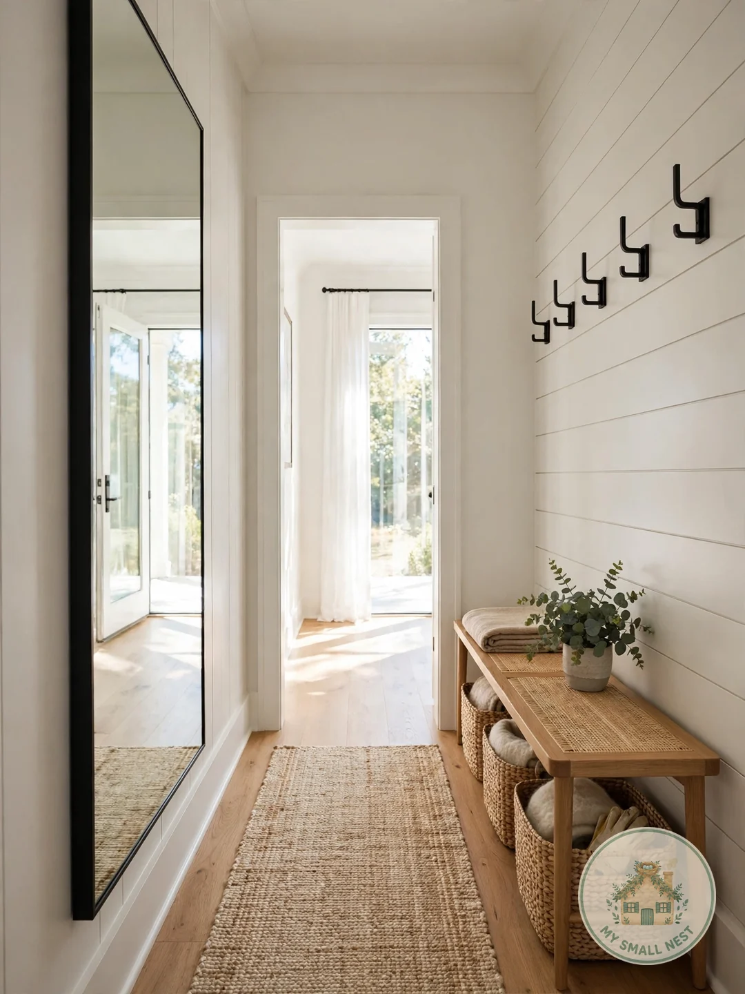 Hang a Mirror to Double the Space - narrow mudroom ideas