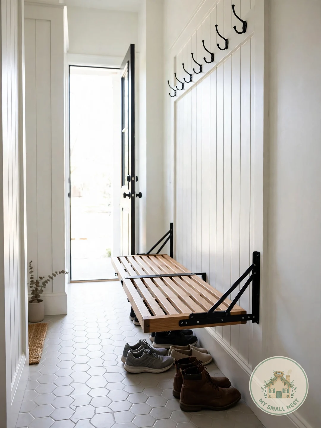 Install a Fold-Down Wall Bench - narrow mudroom ideas