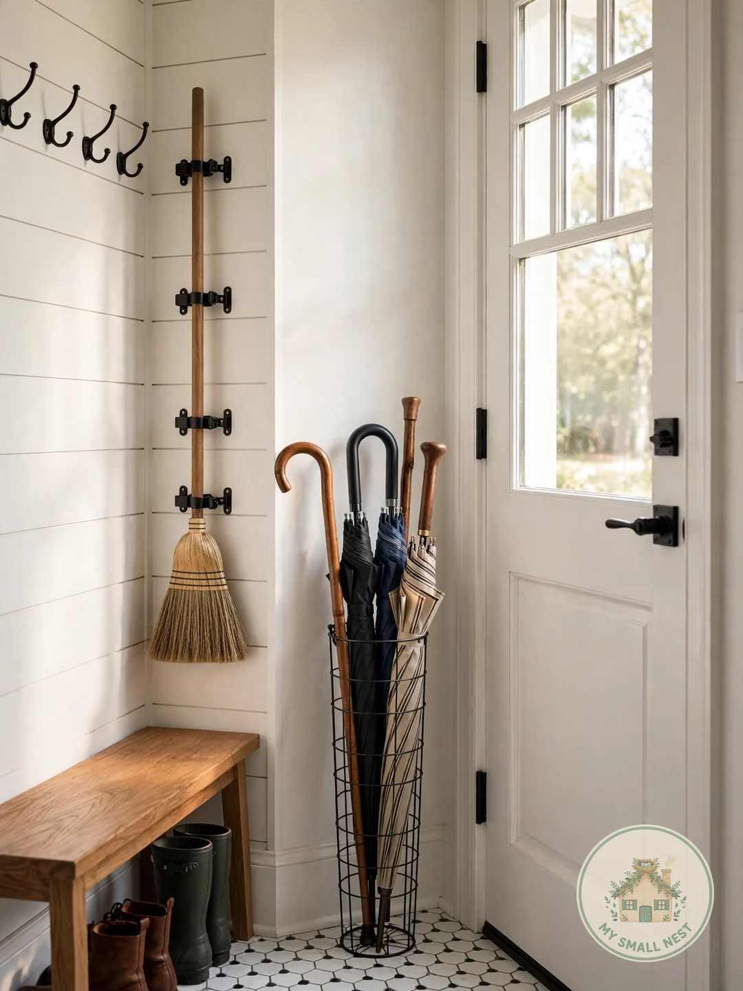 Corral Tall Items in One Vertical Spot - narrow mudroom ideas