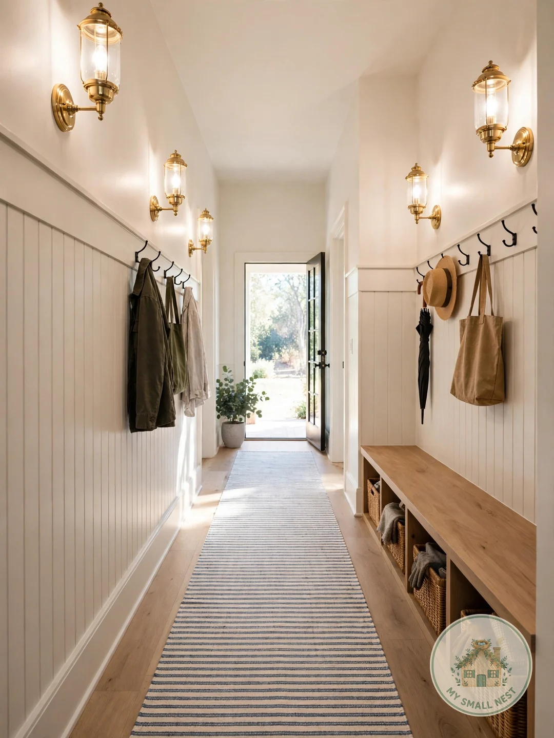 Use Light Colors and a Runner to Elongate - narrow mudroom ideas