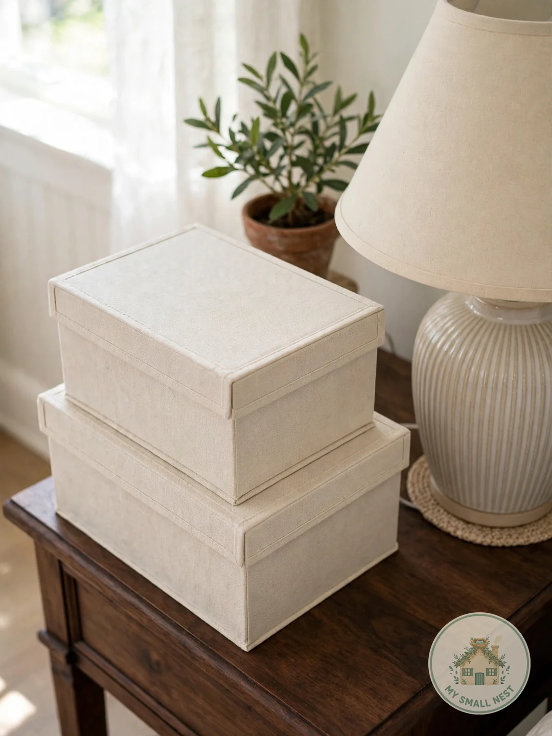 Pretty Stacked Storage Boxes - nightstand organization