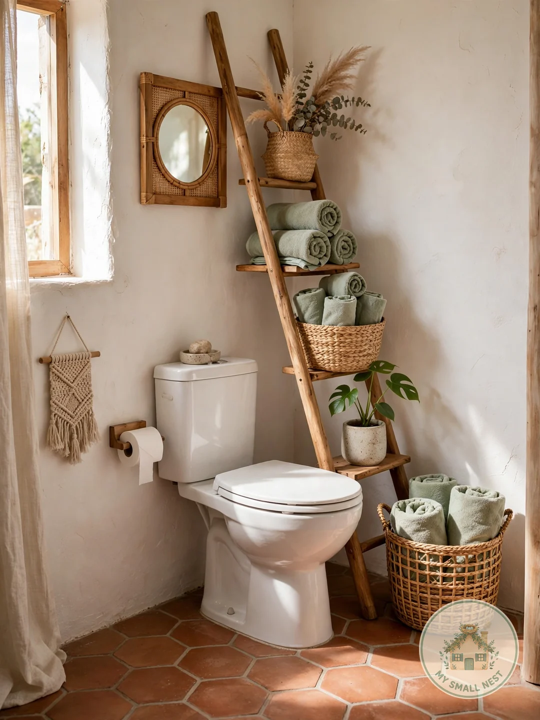 A Leaning Ladder Shelf - over toilet storage