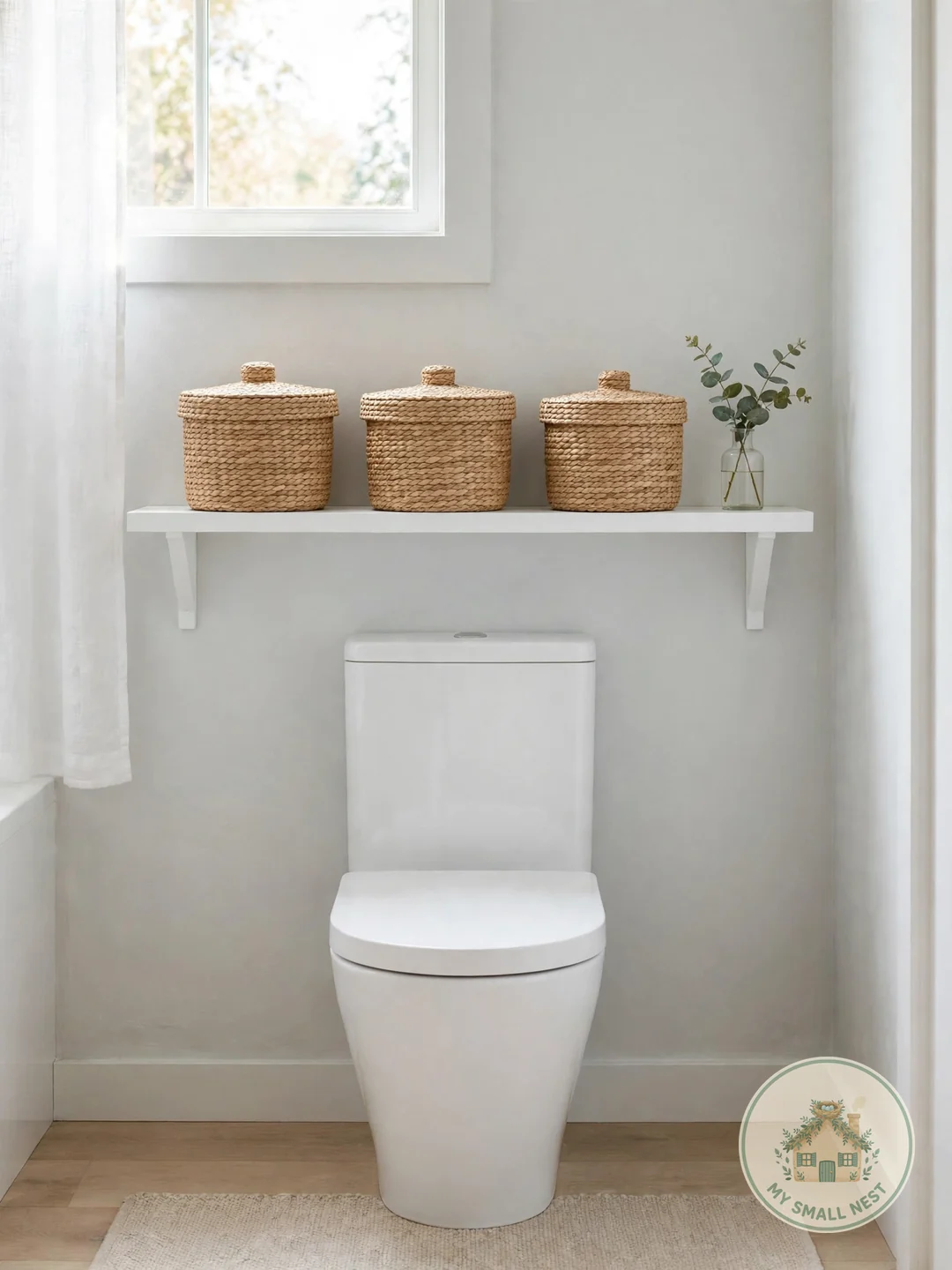 One Ledge Shelf and Pretty Baskets - over toilet storage