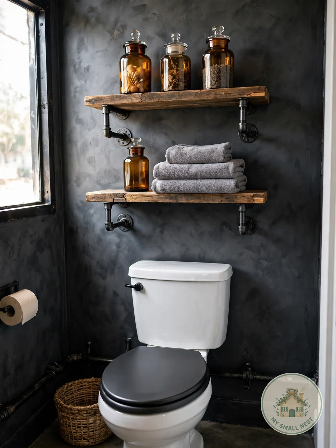 Industrial Pipe Shelves - over toilet storage