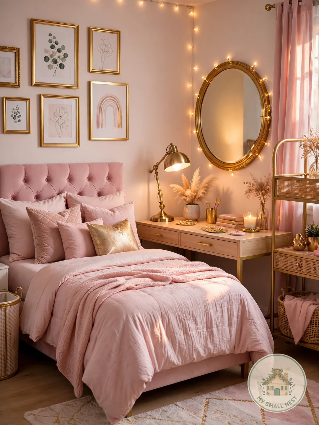 Add Pink and Gold Glam - pink dorm rooms