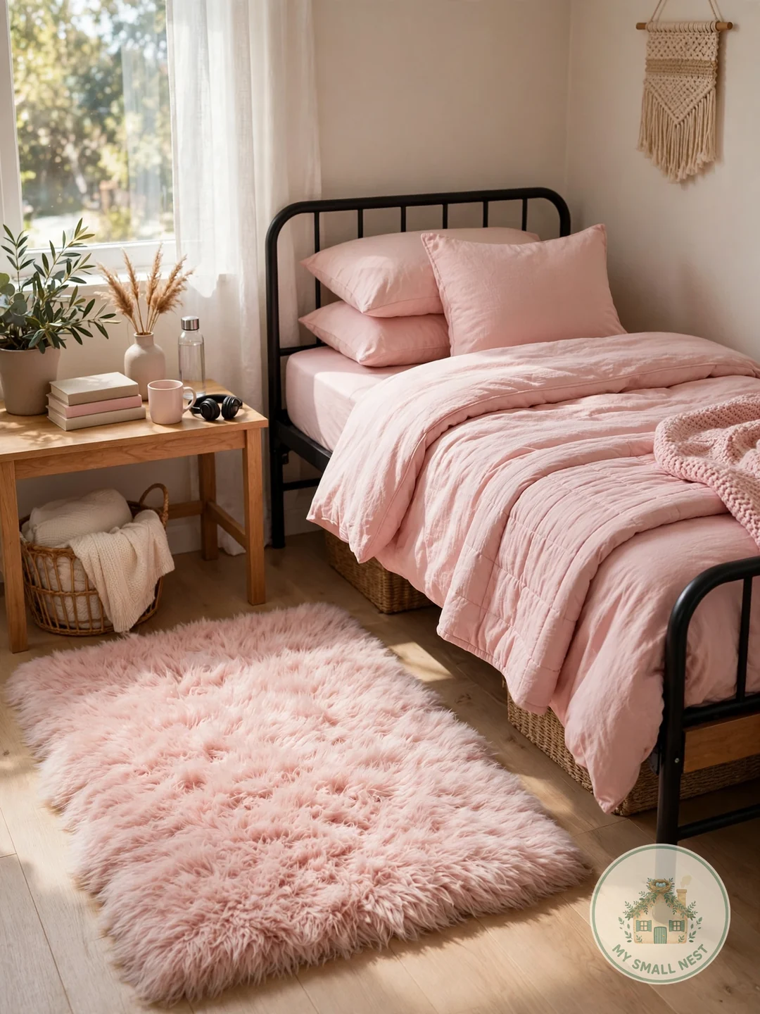 Warm Up With a Pink Rug - pink dorm rooms