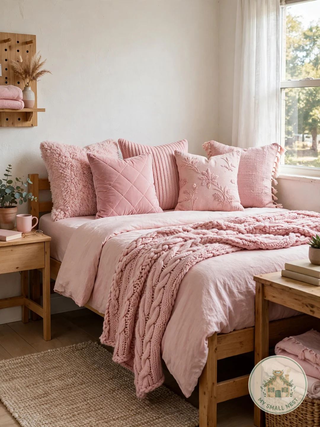 Finish With Pink Pillows and Throws - pink dorm rooms