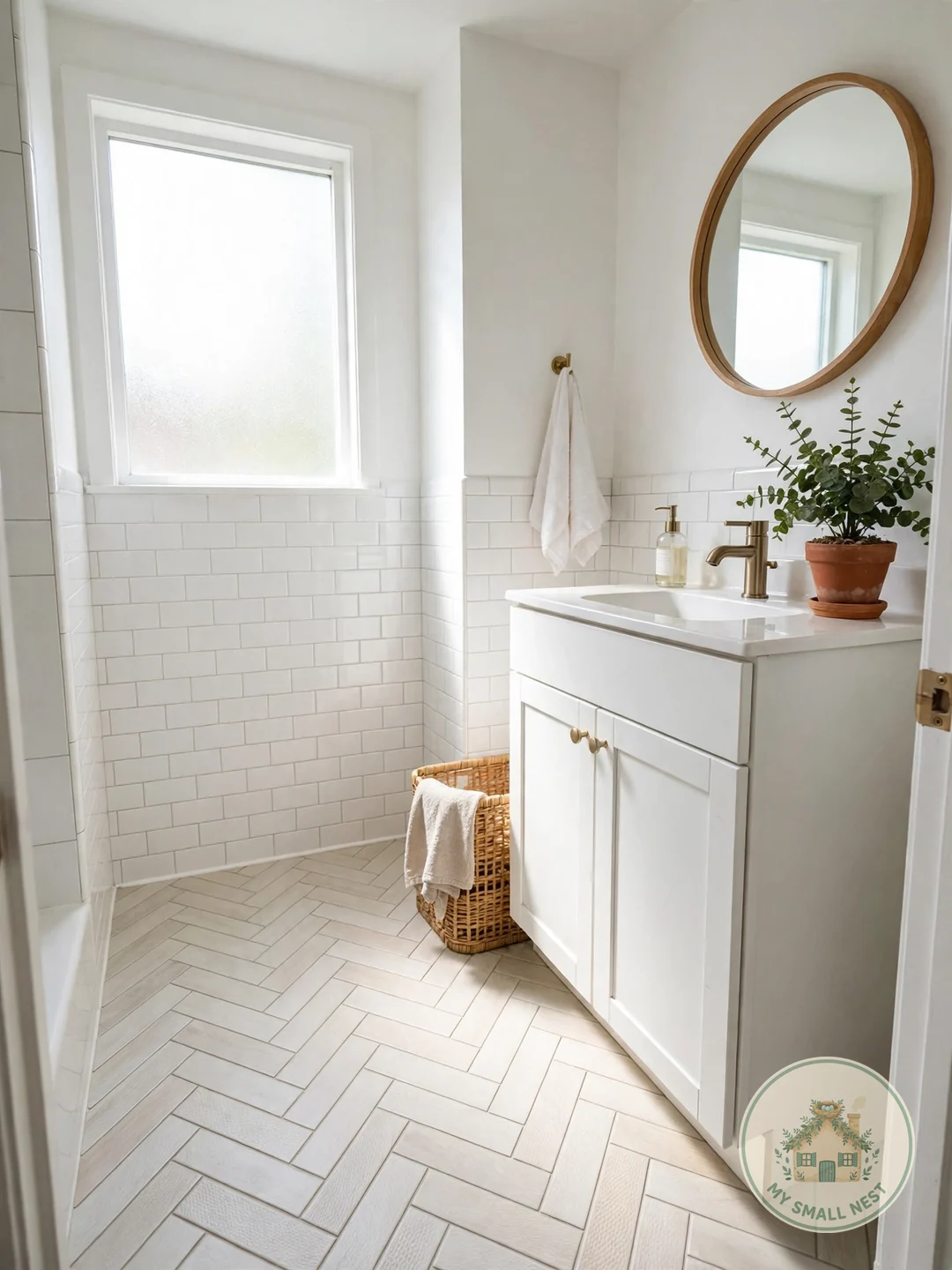 Lay Peel-and-Stick Floor Tile - renter friendly bathroom upgrades