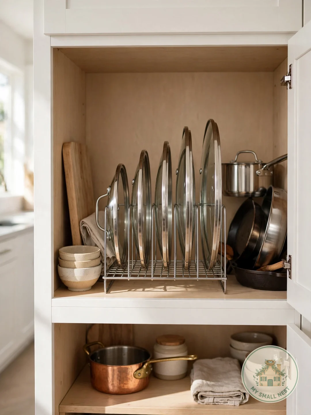 Stand Lids Vertically in a Wire Rack - pot lid storage ideas