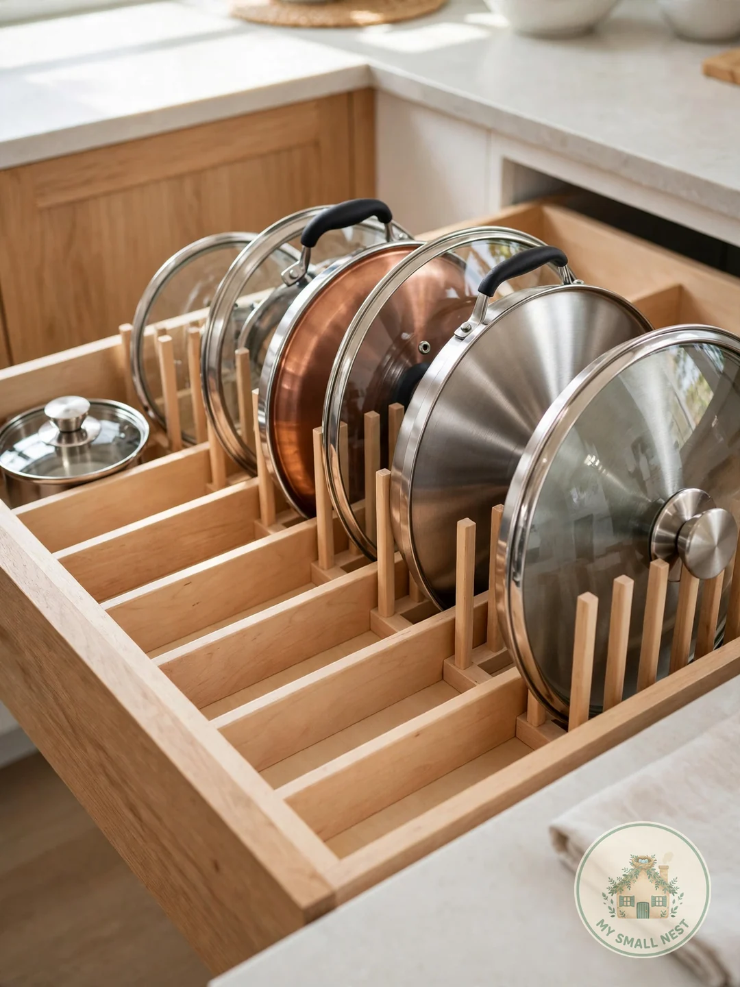 Add Adjustable Cabinet Dividers - pot lid storage ideas