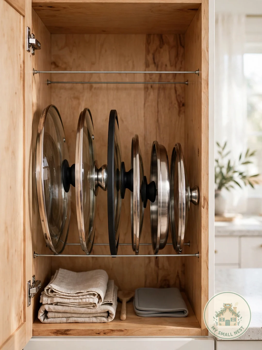 Create Slots With Tension Rods - pot lid storage ideas