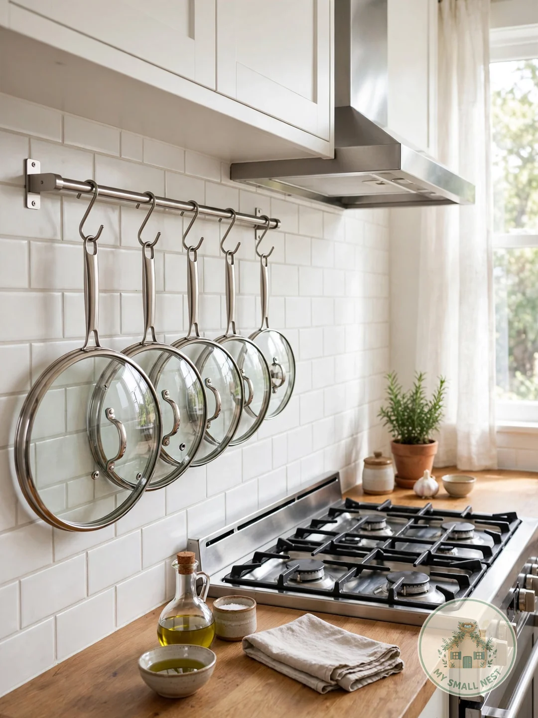 Hang Lids on a Wall-Mounted Rail - pot lid storage ideas