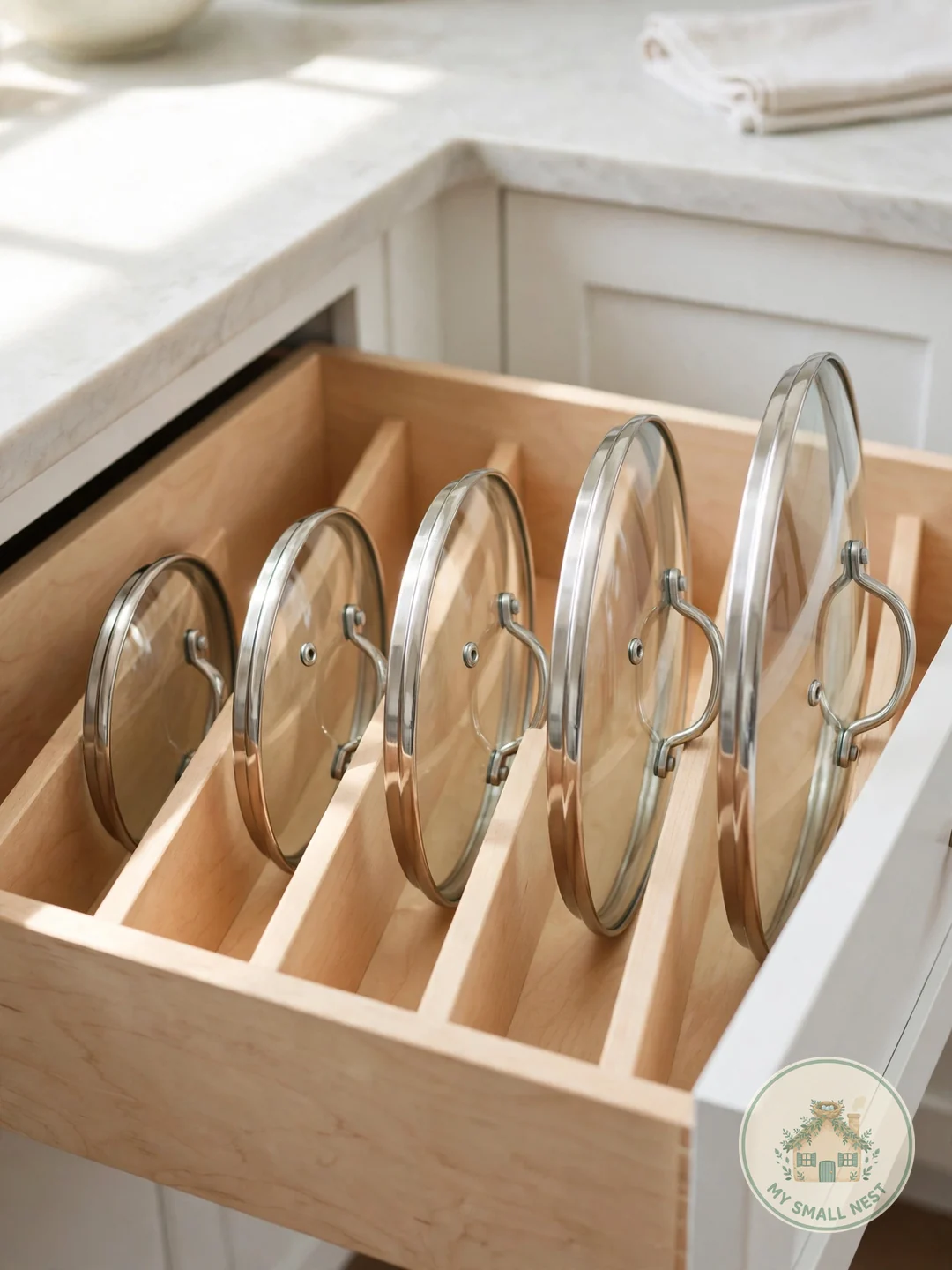 File Lids by Size, Smallest to Largest - pot lid storage ideas
