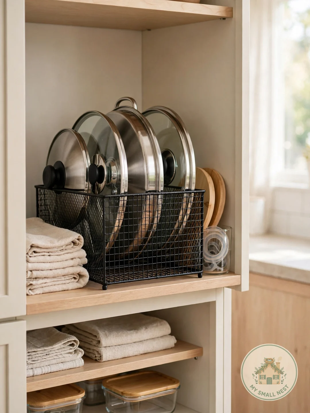 Add Under-Shelf Baskets for Thin Lids - pot lid storage ideas