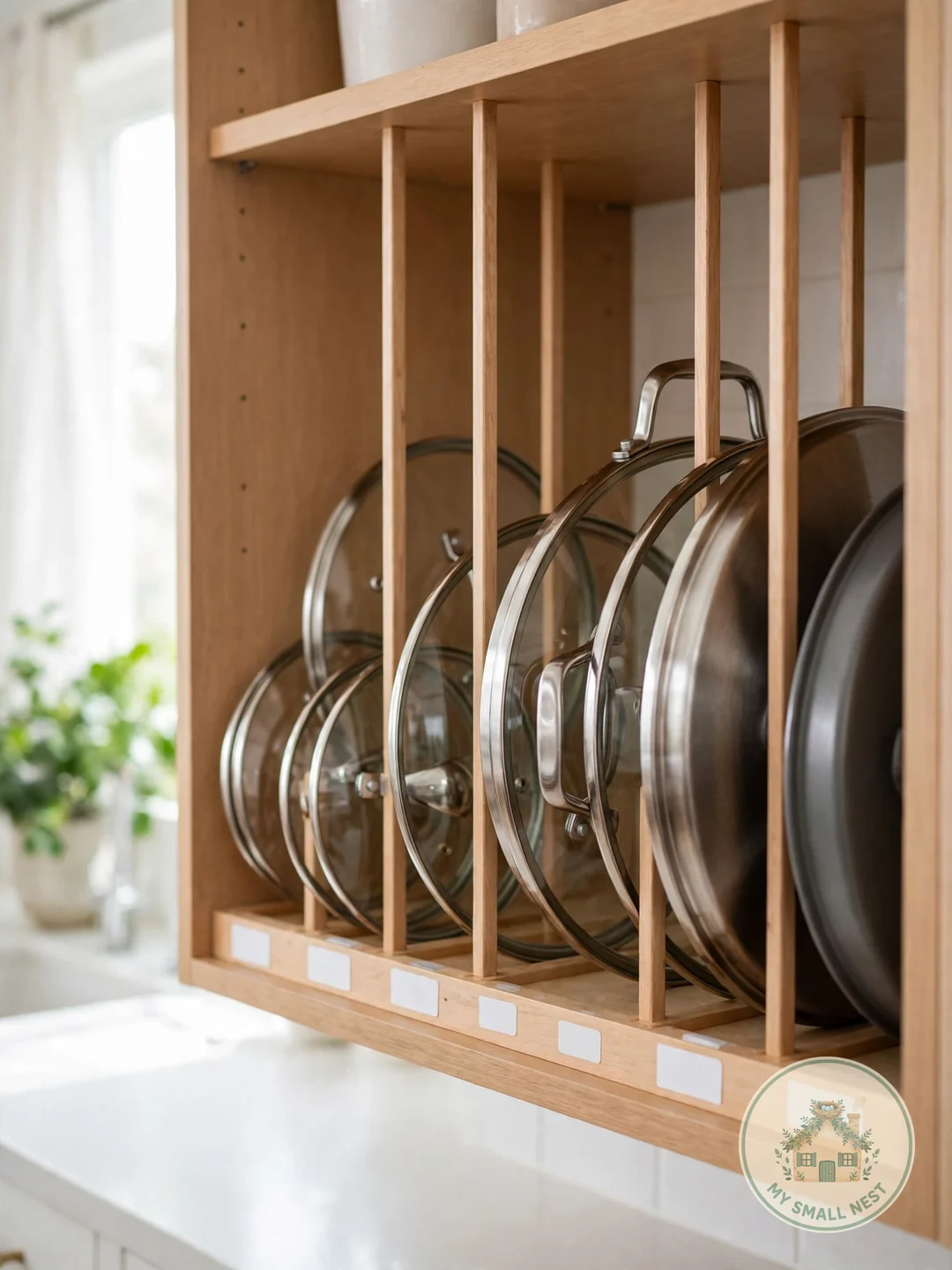 Use the Cabinet Above the Fridge Wisely - pot lid storage ideas