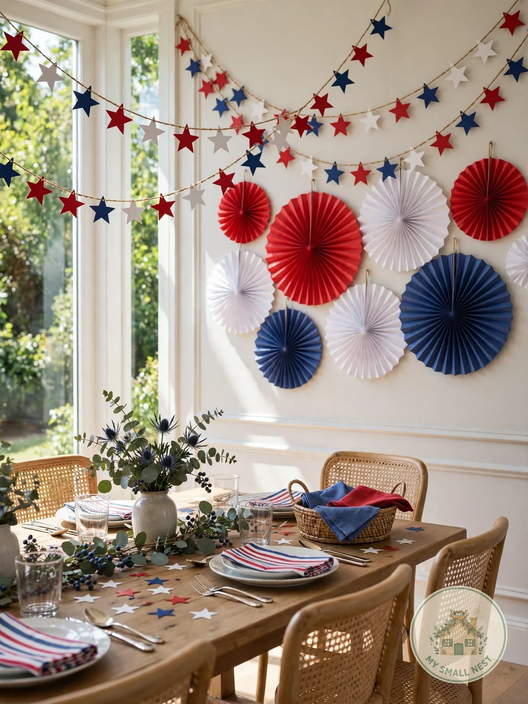 Hang Star Garlands & Paper Fans - fourth of july decor ideas