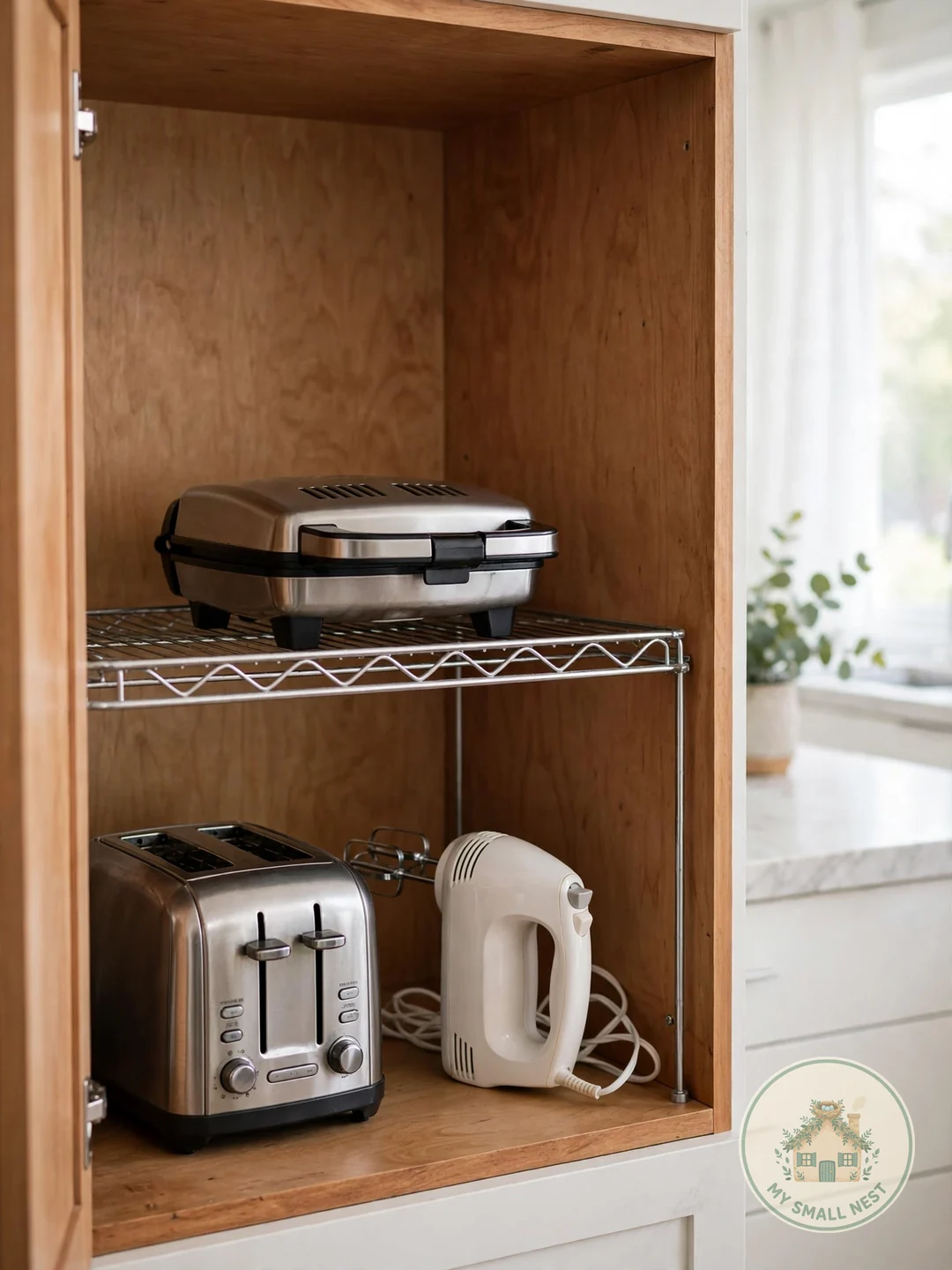 Double Storage With Cabinet Risers - small appliance organization ideas