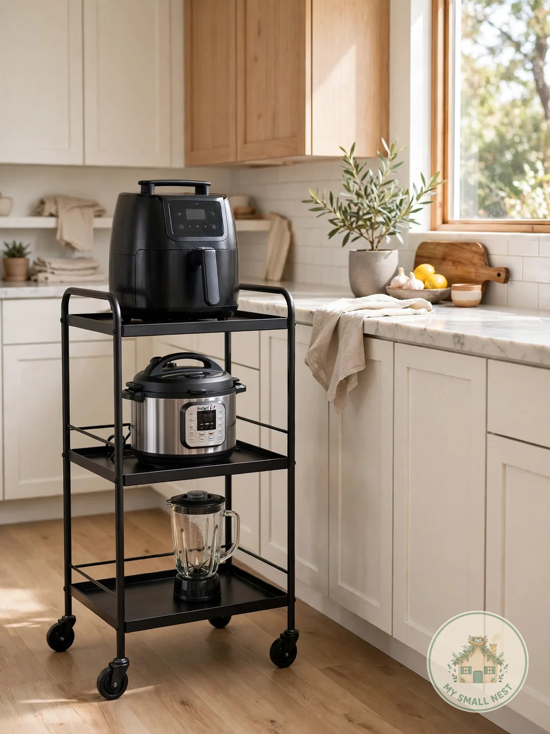 Roll In a Utility Cart for Overflow - small appliance organization ideas