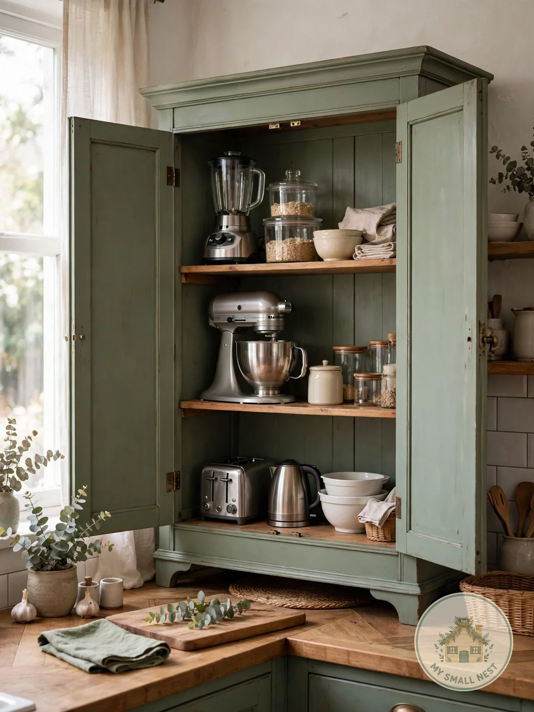 Hide Appliances in a Kitchen Hutch - small appliance organization ideas