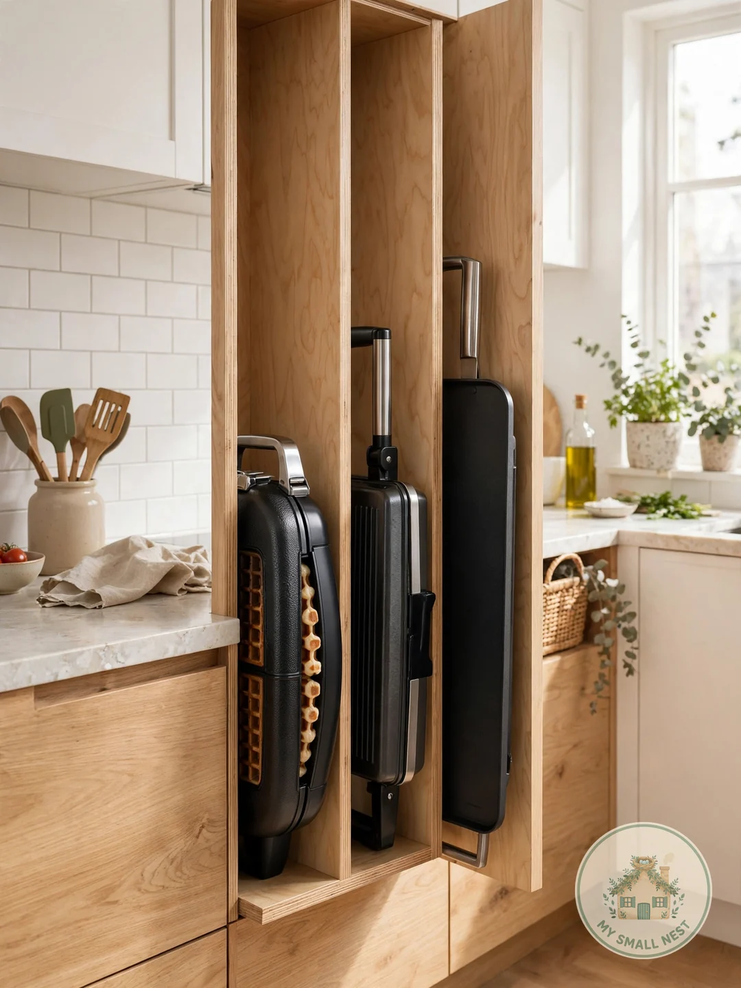 Use Vertical Dividers for Flat Appliances - small appliance organization ideas