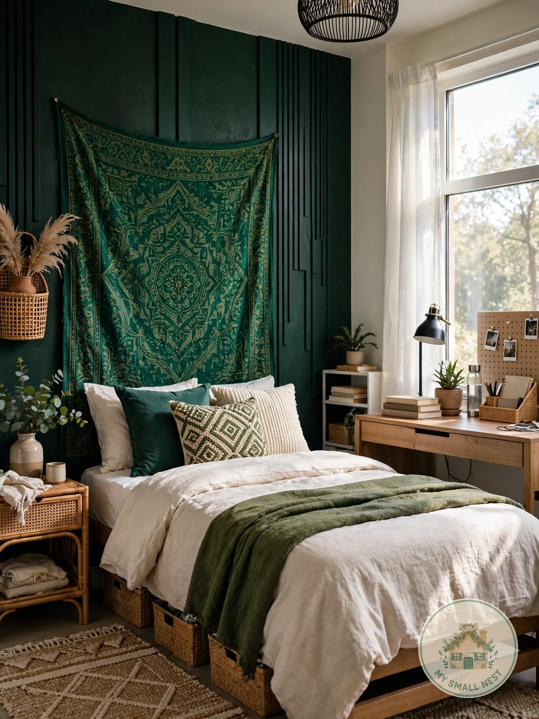 Emerald Tapestry Accent Wall - green dorm rooms