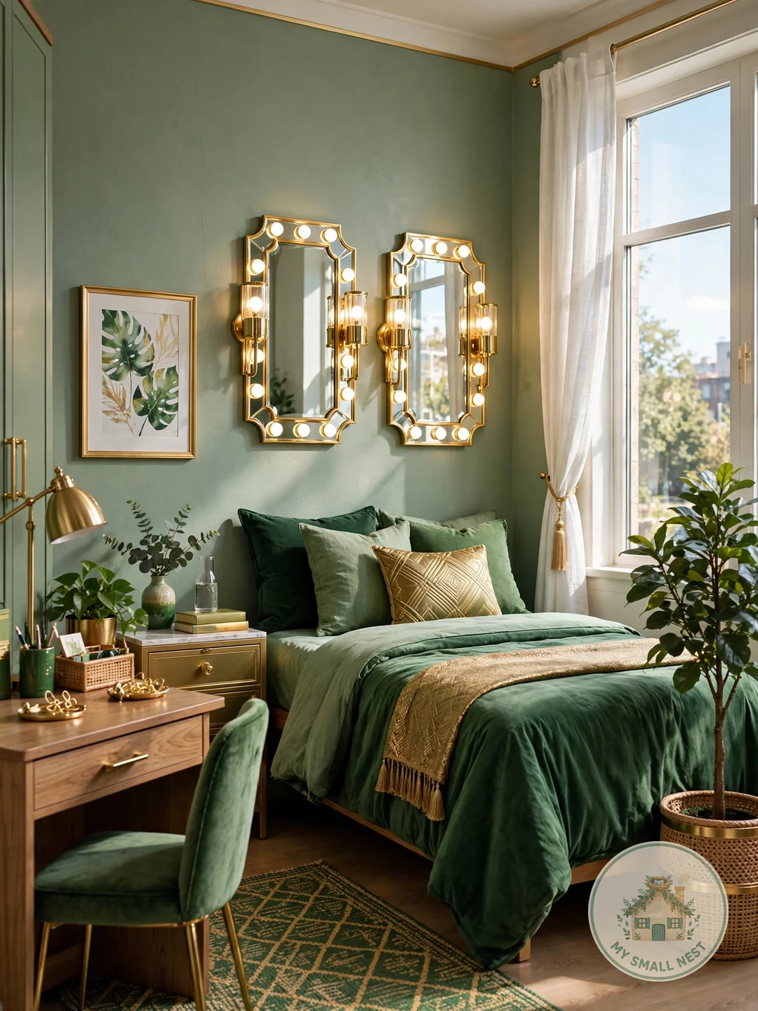 Green + Gold Glam - green dorm rooms