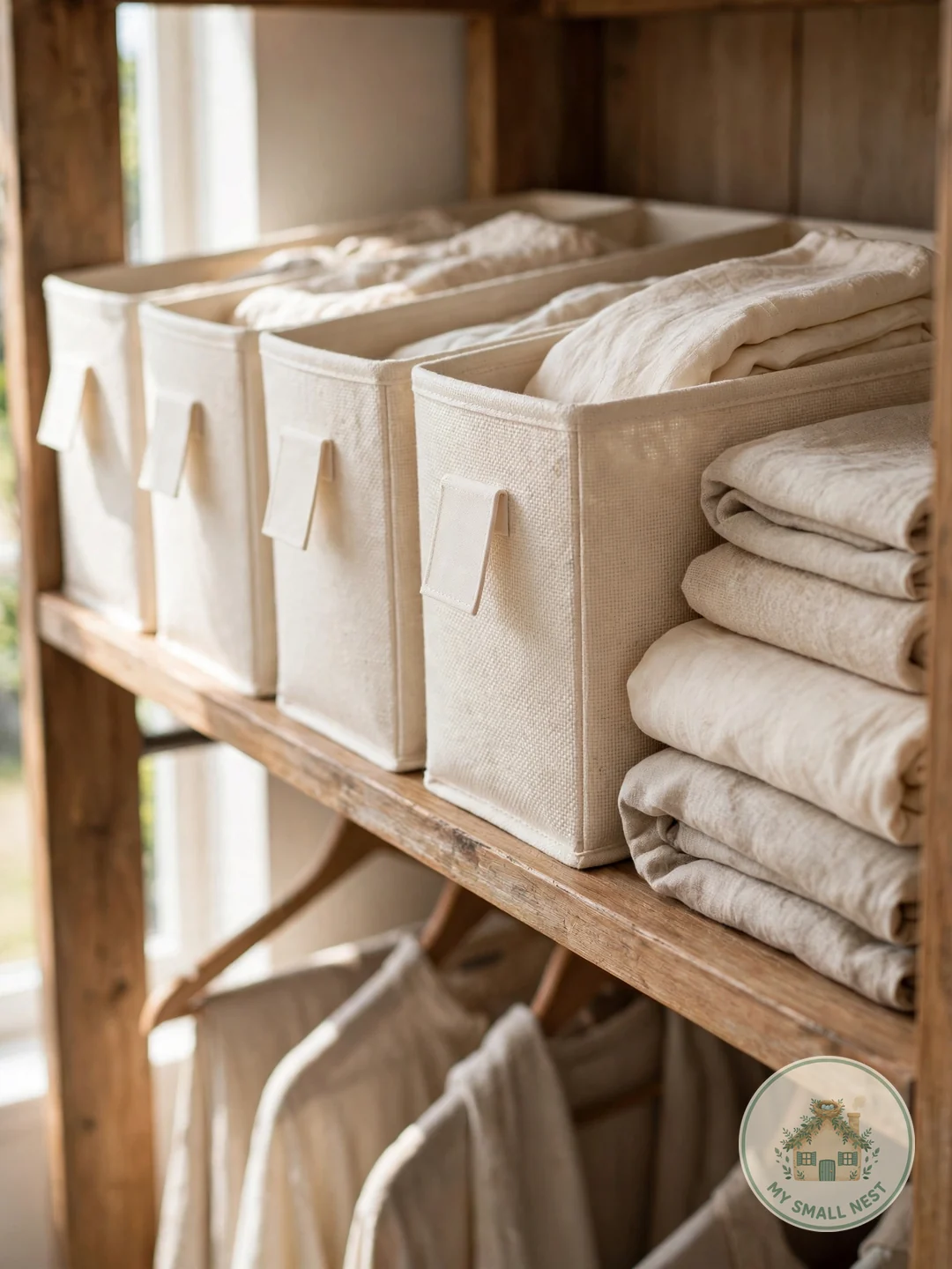 Corral the Top Shelf with Matching Bins - small closet makeover