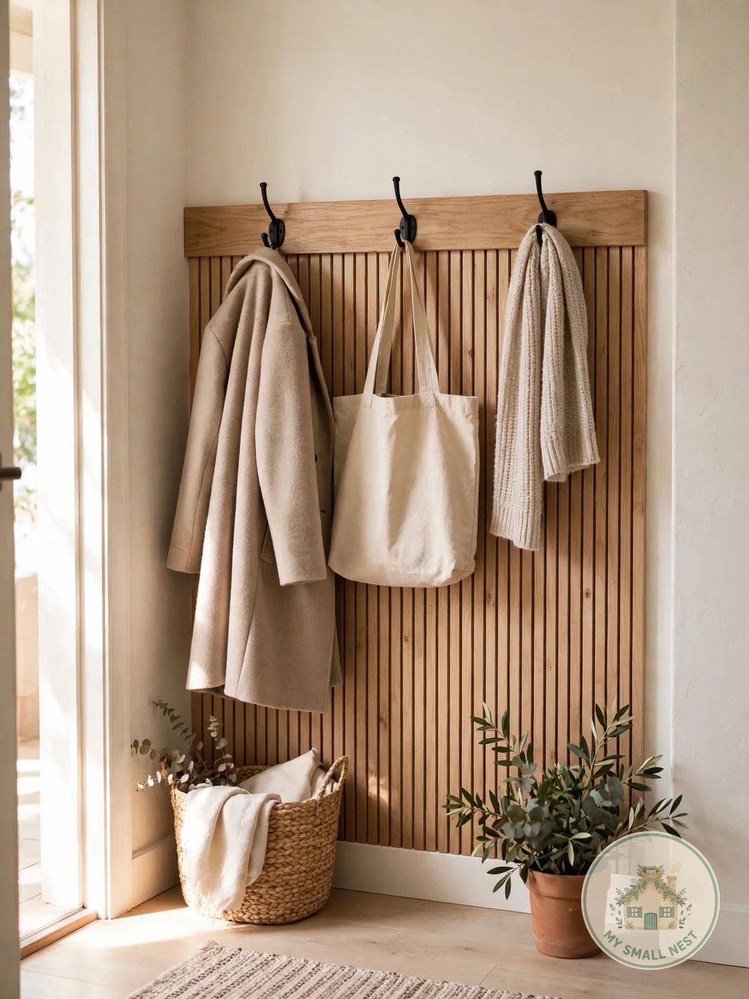 Mount a Row of Sturdy Wall Hooks - small entryway storage
