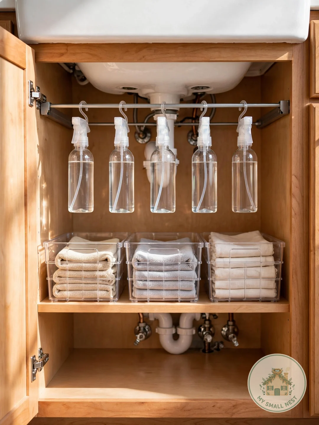 Add Tension Rods Under the Sink - small kitchen storage