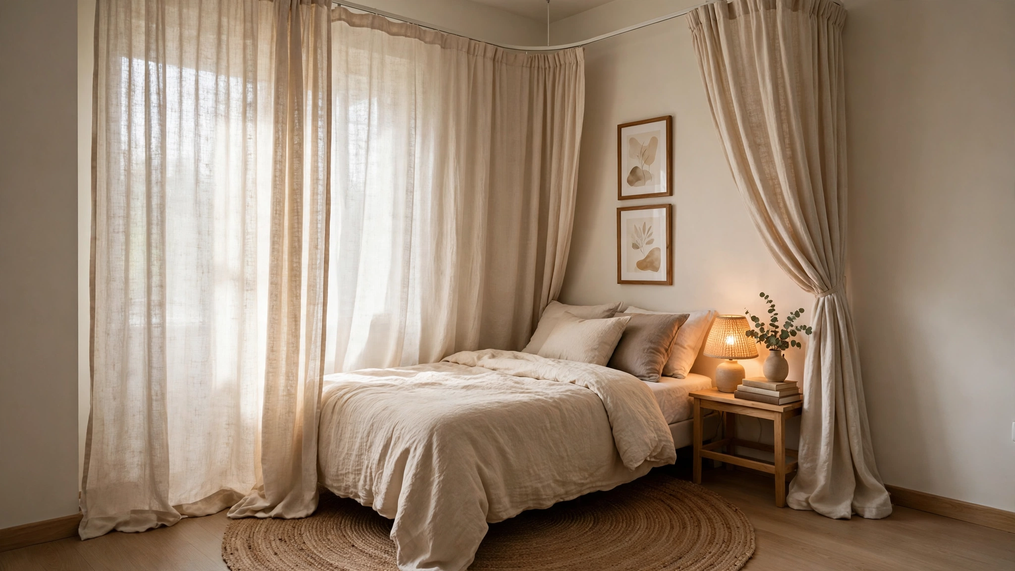 Bedroom corner in a studio apartment separated by floor-to-ceiling curtains