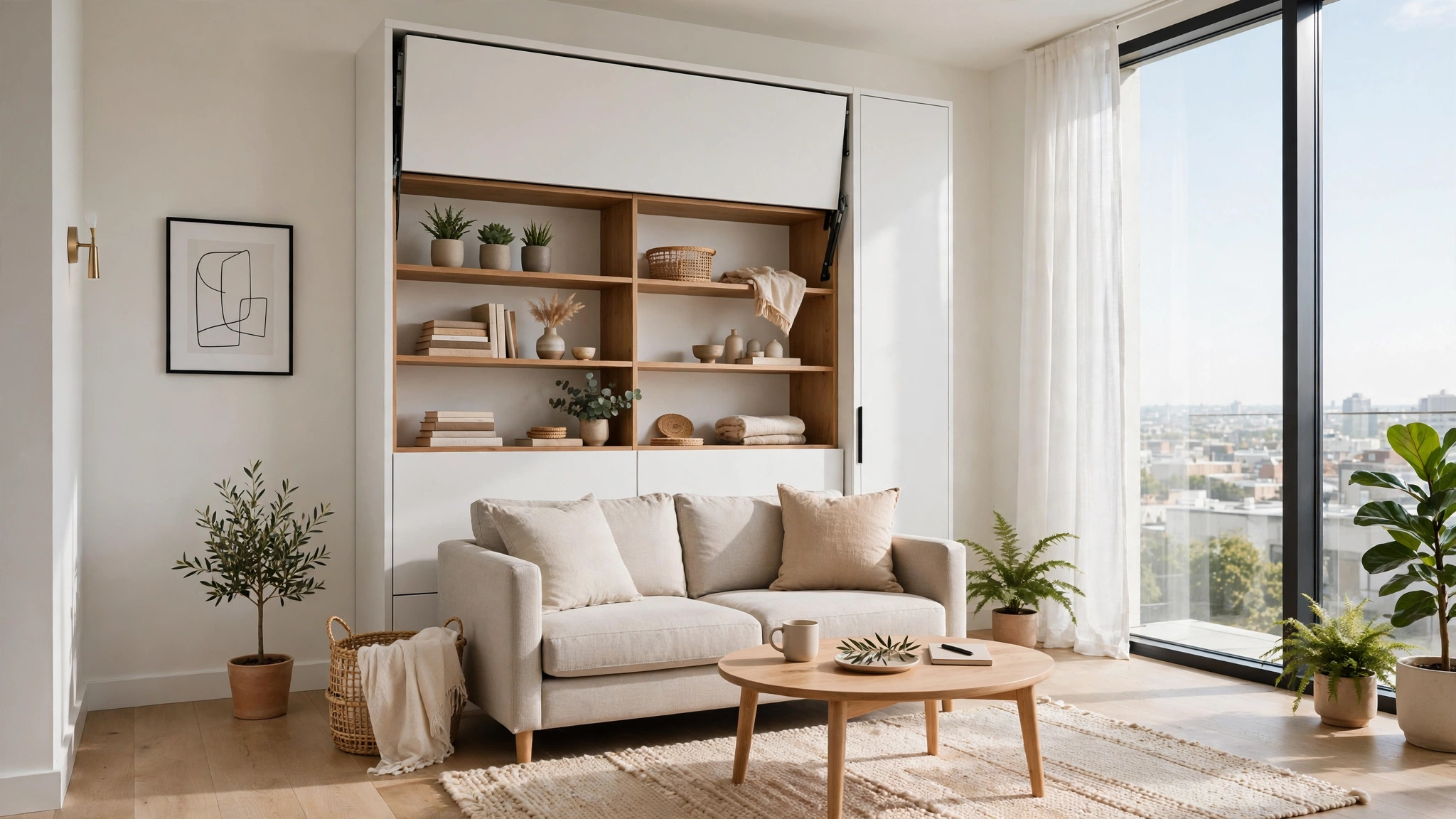 Murphy bed folded into a cabinet to free up floor space in a studio layout