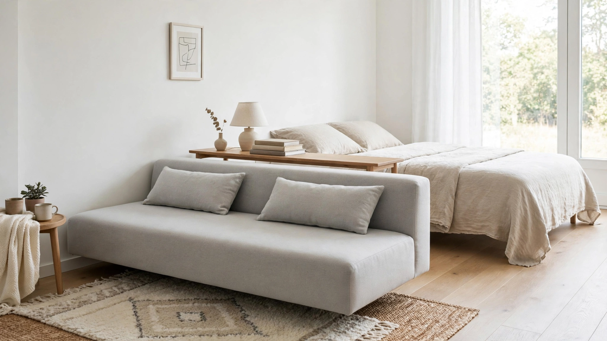Sofa used as a room divider in a small studio apartment layout