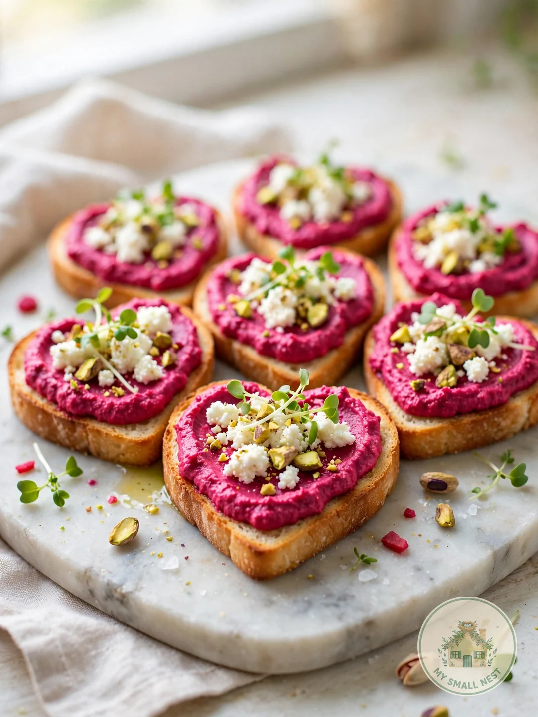 Pink Beet Hummus Crostini Hearts - valentines day appetizers
