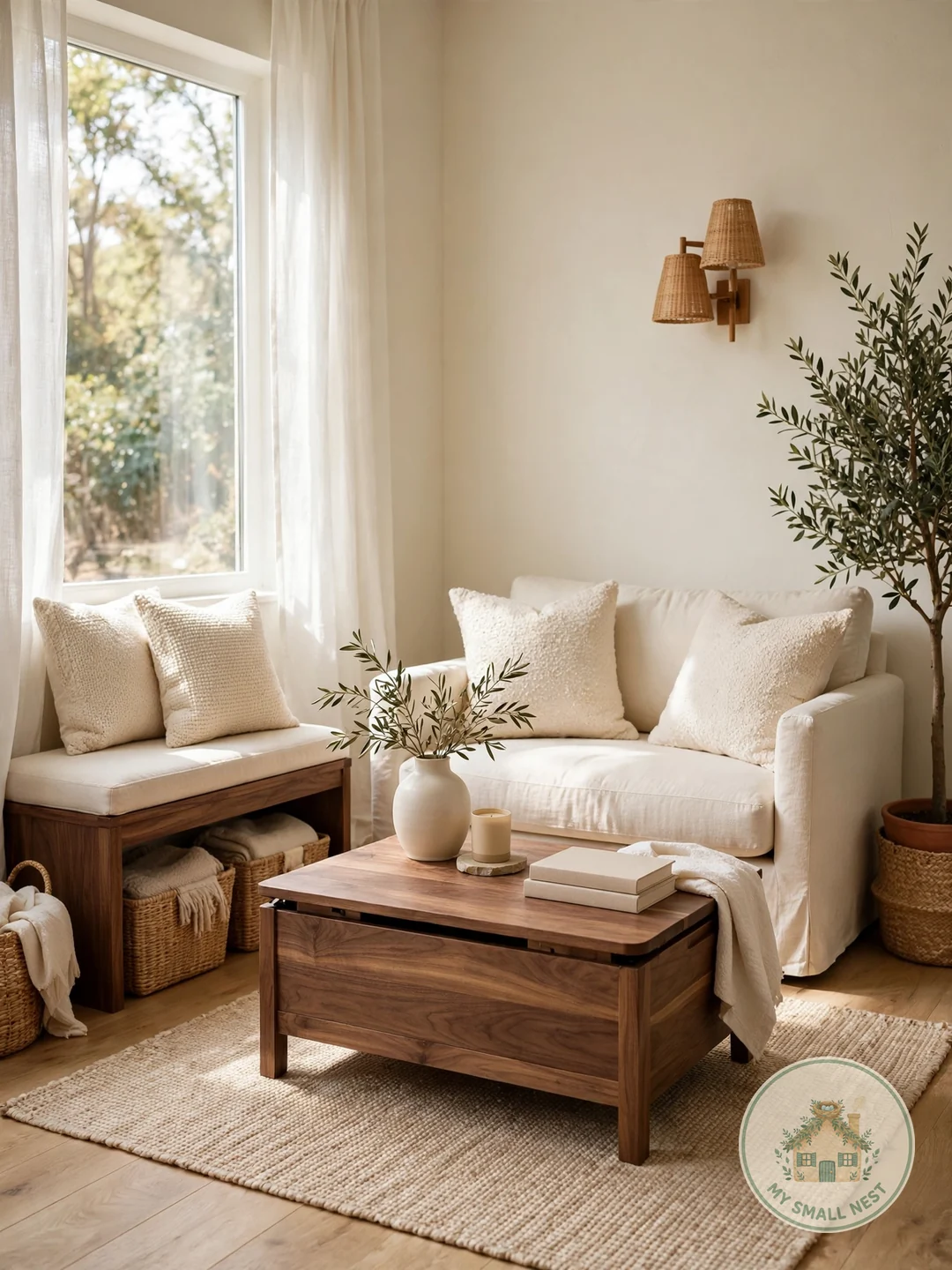 Use Multi-Purpose Furniture in Warm Finishes - warm minimalist decor